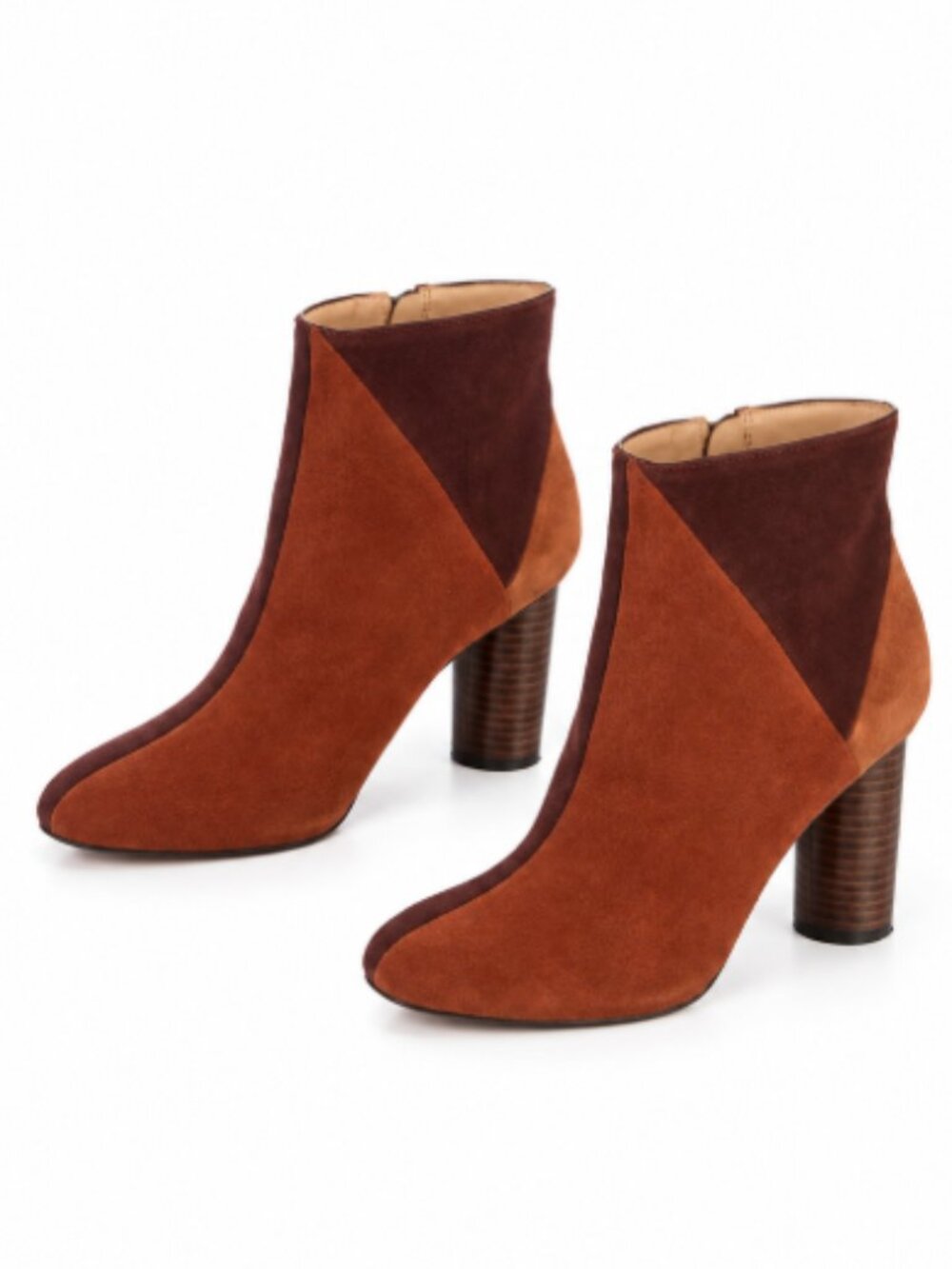 Ulla Johnson Suede Colorblock Booties Size 6 Rust Burgundy Boho 70s Stacked Heel